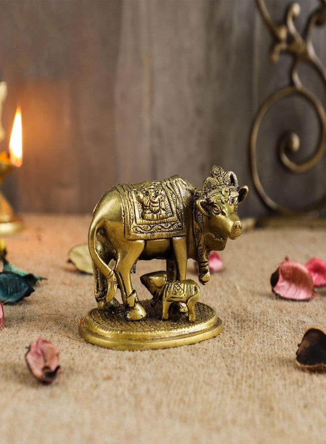 Two Moustaches Brass Holy Kamdhenu Cow and Calf Sculpture, Standard, Pack of 1 - Image 2